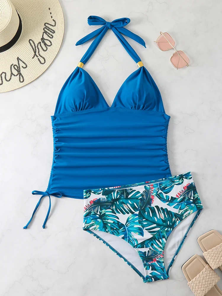 Halter Deep V Ruched Tummy Control Tankini Top Tropical Print High Cut Bikini Bottom 2 Piece Conservative Swimsuit Bathing Suit