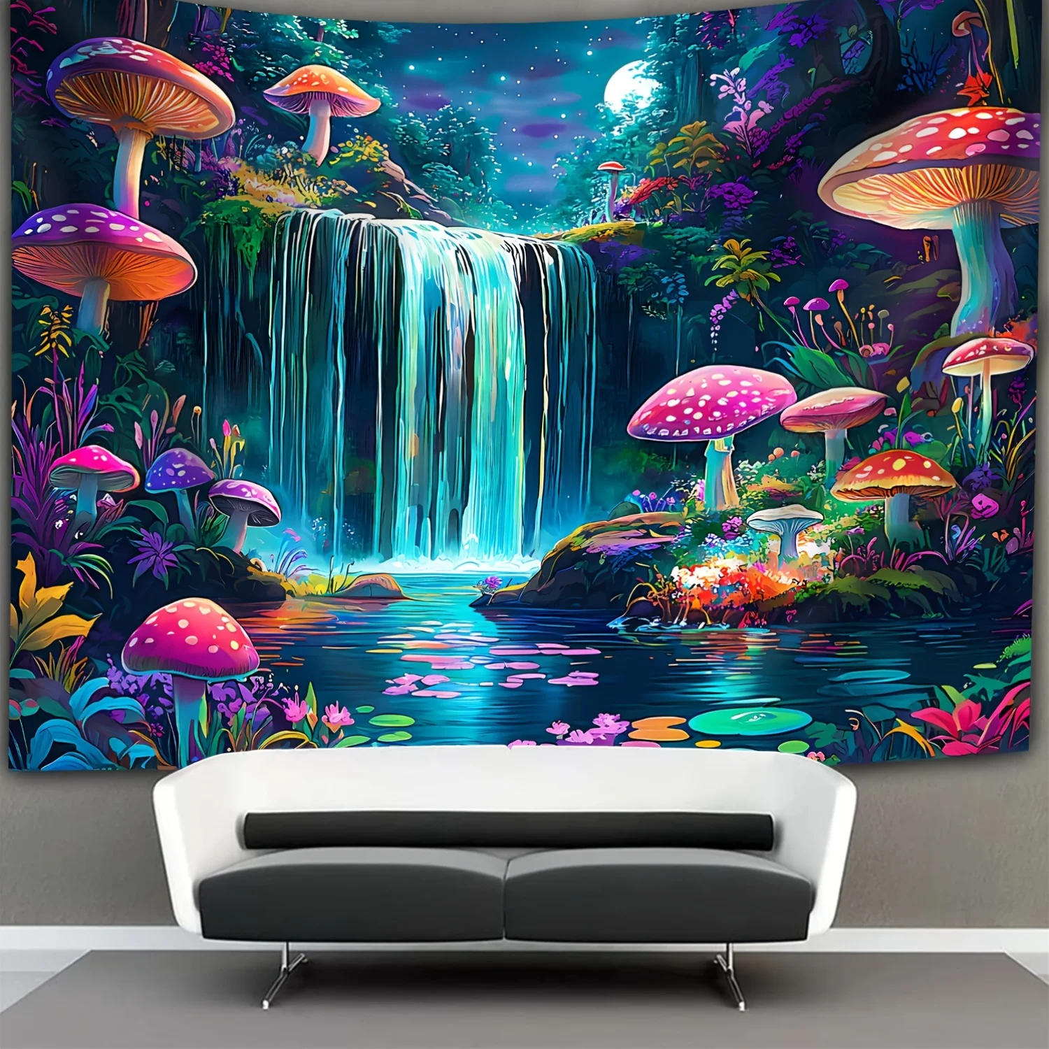 Vivid Fantasy Jungle Waterfall Tapestry Bohemian Wall Hanging Tropical Forest Decor Psychedelic Boho Room Art Polyester Canvas P