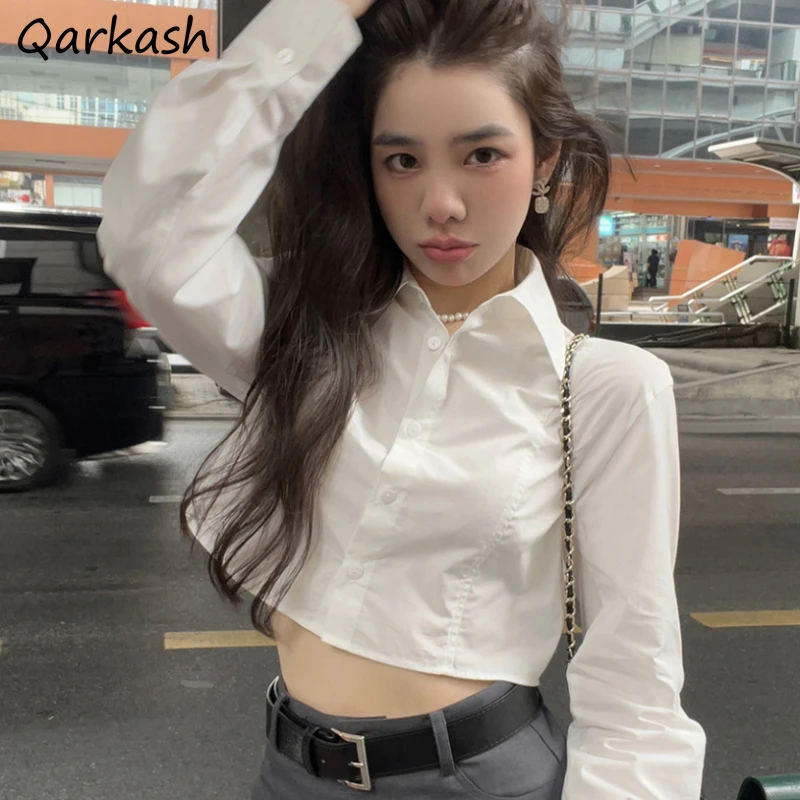 Long Sleeve Women Shirt Solid All-match High Street Preppy Style Spring Korean Fashion Sweet Hot Girls Crop Tops Casual Students