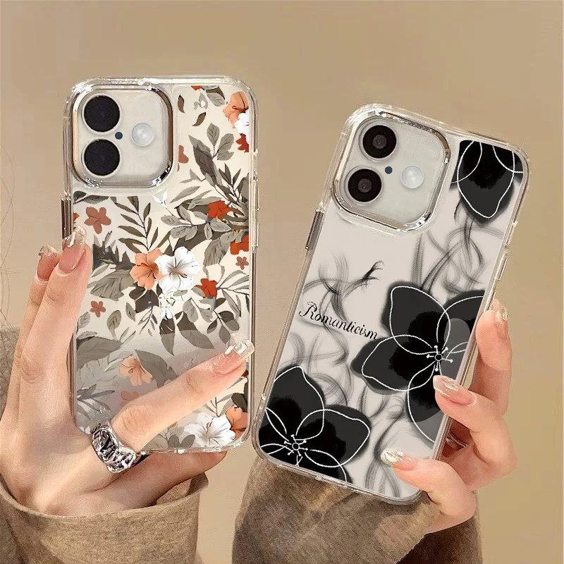 Luxury Petal Leaves Flowers Case For iPhone 16 Pro Max Coque iPhone 11 12 13 14 15 Pro Max Plating Lens Clear Silicone Cover