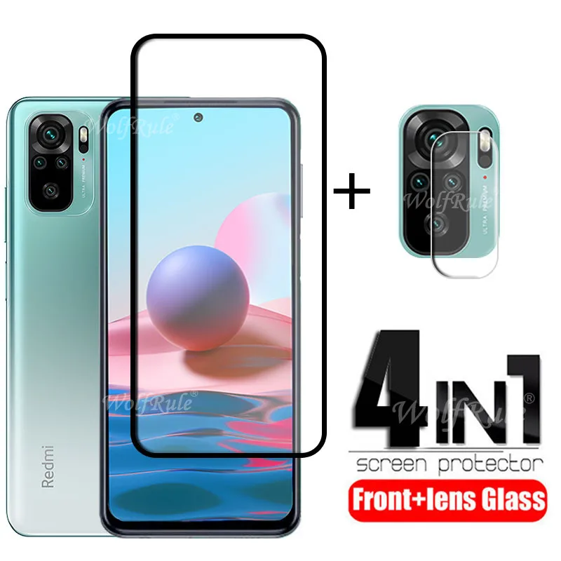 

4-in-1 For Xiaomi Redmi Note 10 Glass For Redmi Note 10 Full Cover Glue Film 9H HD Screen Protector For Redmi Note 10 Lens Glass