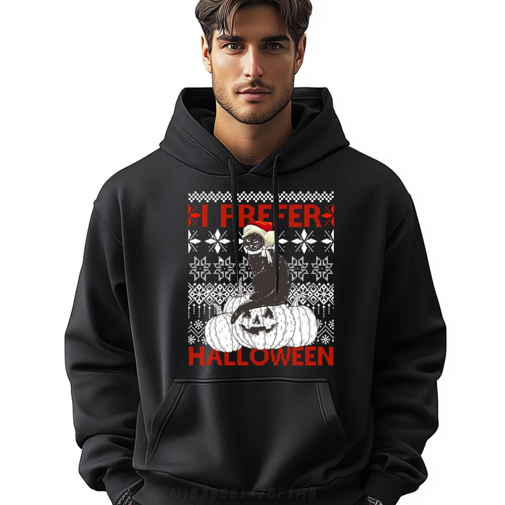 

I Prefer Halloween Funny Christmas black Cat Sweater Ugly Black Graphic Sweatshirts Man Men's Shirts St Patrick's Day