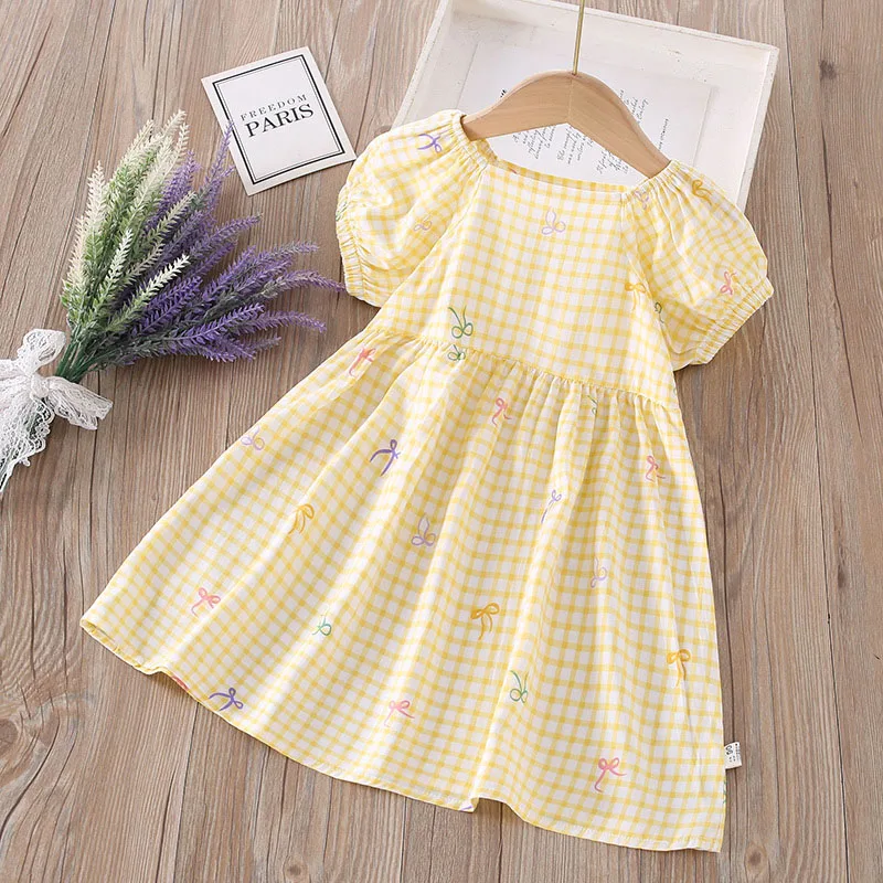 Summer Kids Dress 1-8T Grid Bow Children Clothes Sweet Floral Girls Casual Dress Thin Breathable Girls Dress