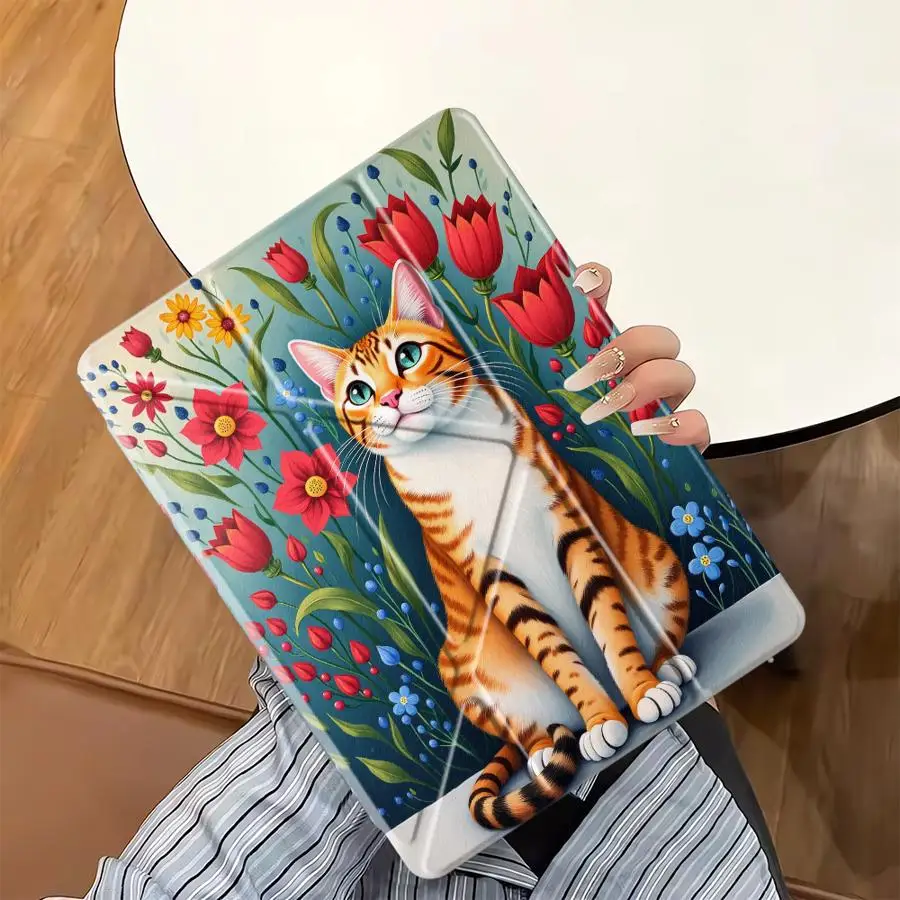

Чехол для планшета iPad Mini 6 7 Air 4 5 M3 M2 1 2 M4 11 дюймов Pro 2025 Pro 11th 10th 9th 8th 7th 12.9 дюймов с держателем, дизайн «Красная роза и кошка»