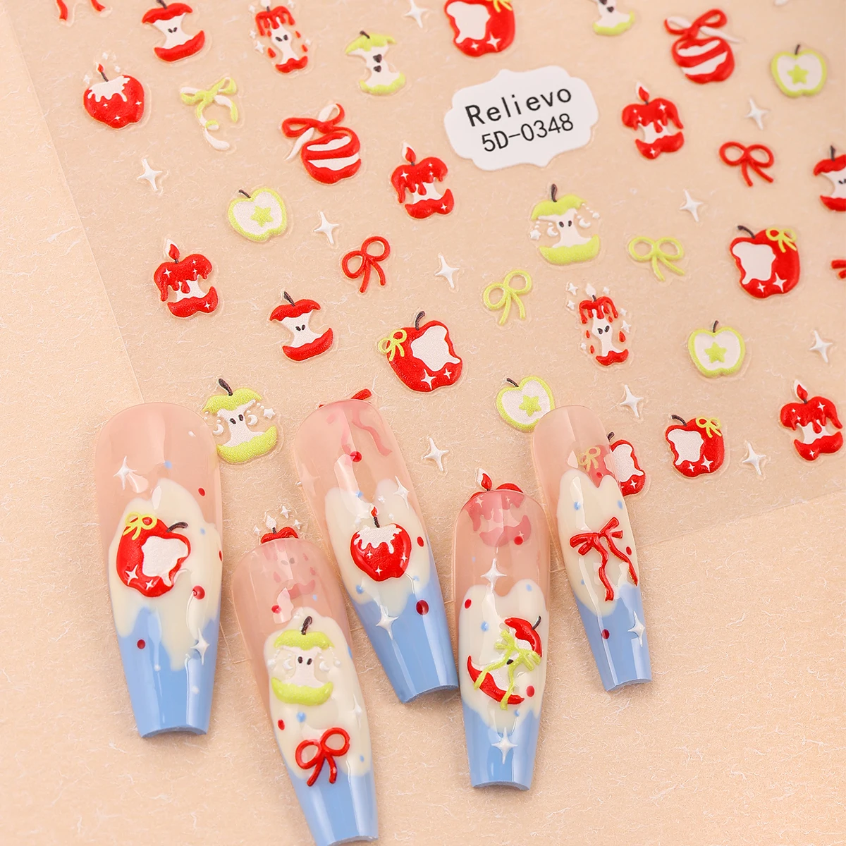 2 Stück 5D Obst Dessert Nail Art Aufkleber Apfel Erdbeere Kirsche Kuchen Eis selbstklebende Nagelaufkleber für Nägel DIY Maniküre