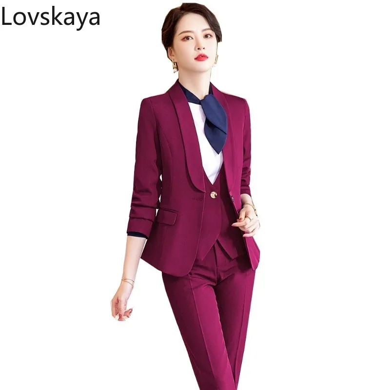 

Wine Black Blue Office Formal Business Work Career Wear Uniform Women 3 Pieces Set Blazer Vest and Pant Suit