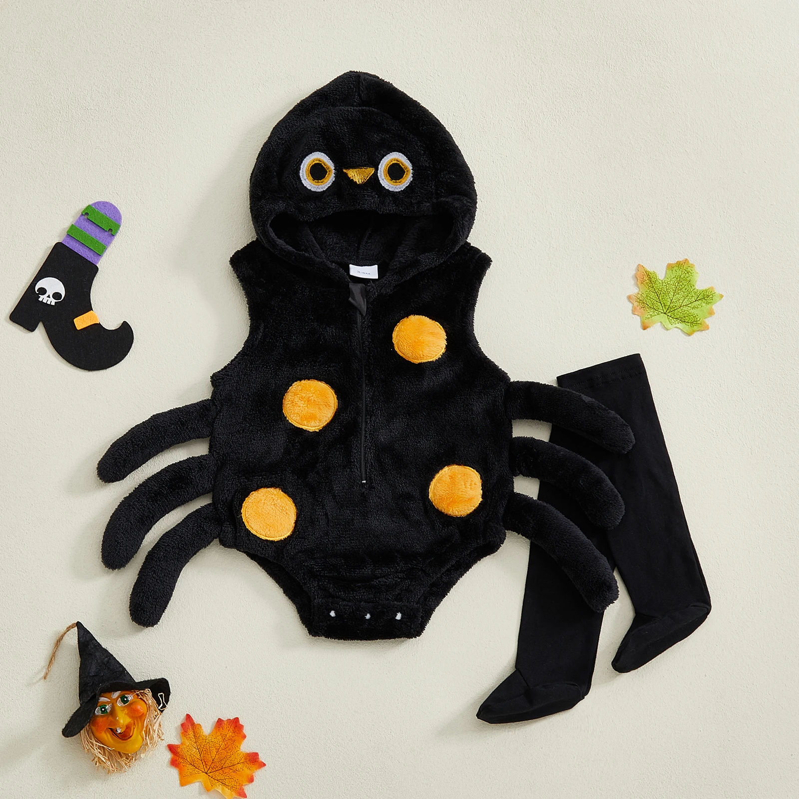 

VISgogo Baby Halloween Spider Costume Spider Zipper Hooded Jumpsuit and Sock Set for Toddler Cosplay Party Holiday Outfit