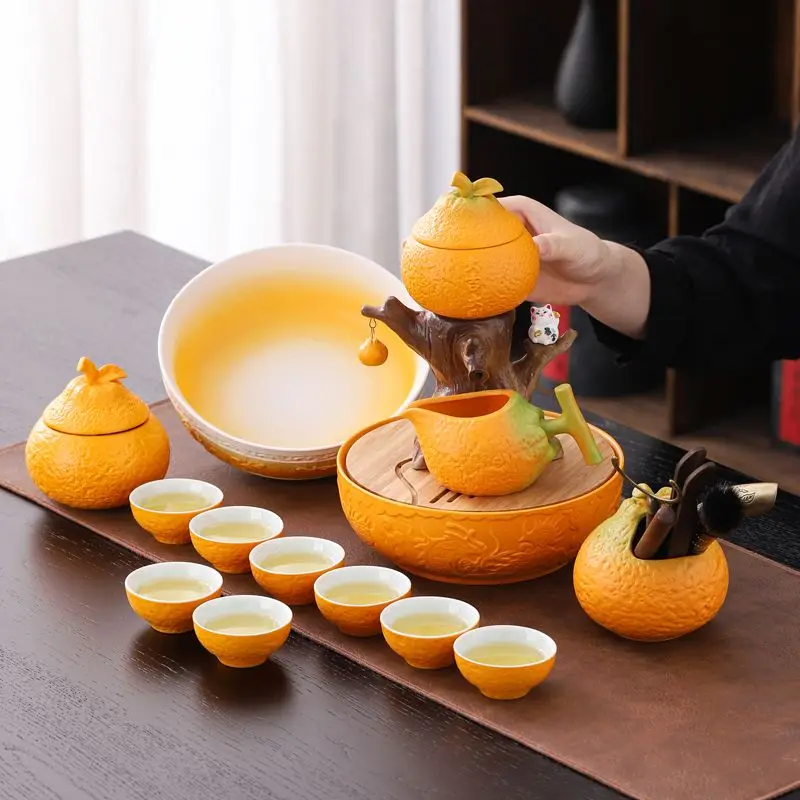 Great Lucky Lazy Man Automatic Kung Fu Tea Set Orange Set High end Tea Making Tool Set