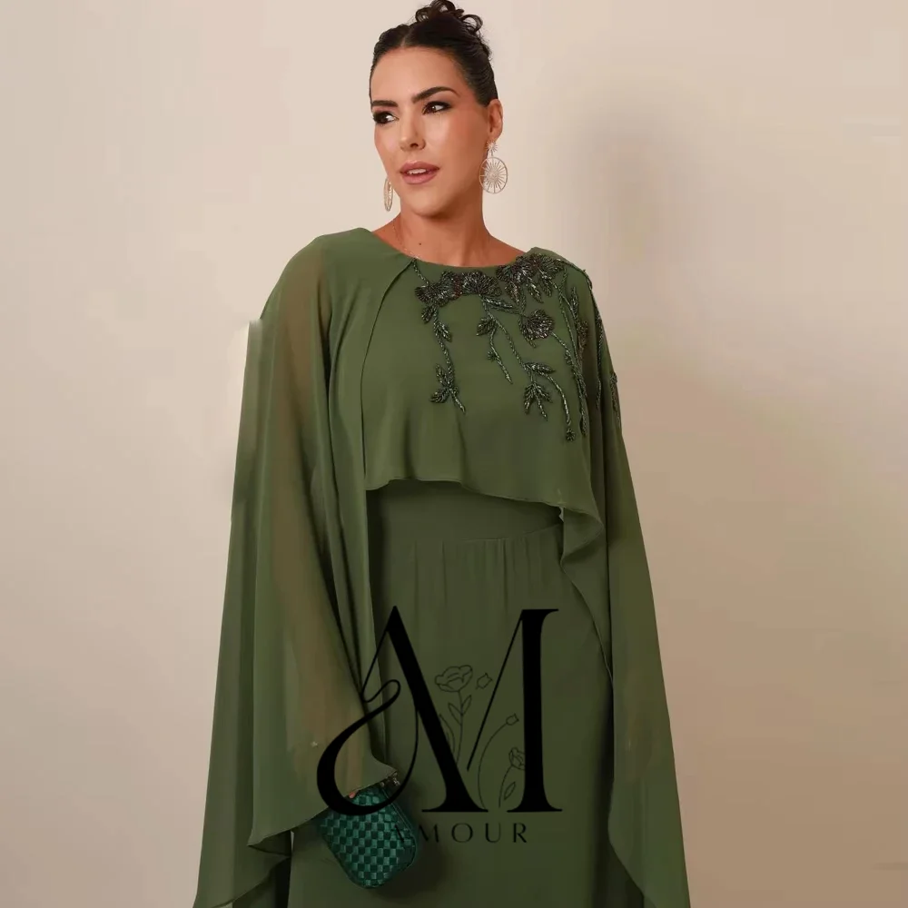 Amour Green Chiffon Prom Evening Dress with Cape Embellished Customized Elegant Wedding Guest Gown Mermaid Formal Occasion Dress