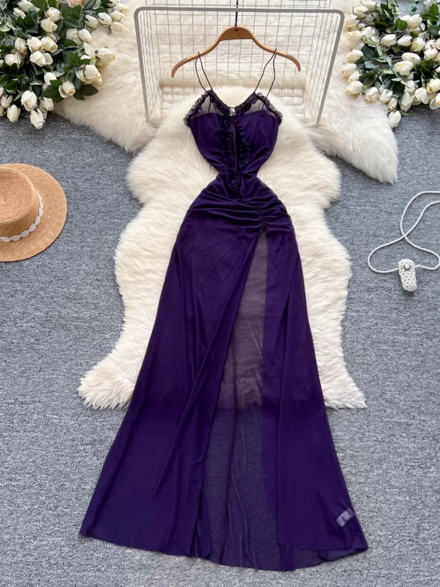Foamlina วันหยุด Ready Mesh Halter ชุดสตรีฤดูร้อน SHEER จีบเอว High Slit ยุโรปอเมริกัน INS ชุดอินเทรนด์