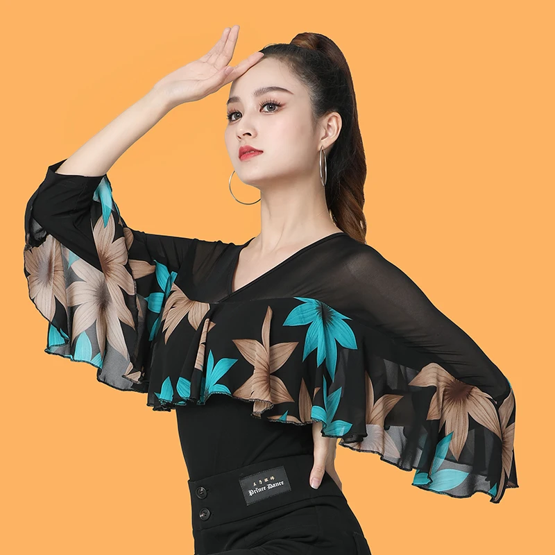 4สีดอกไม้พิมพ์ Ballroom Dance Tops Ruffle แขนยาว Tango Dance เครื่องแต่งกายหญิง Waltz เต้นรำ Leotard YS4079