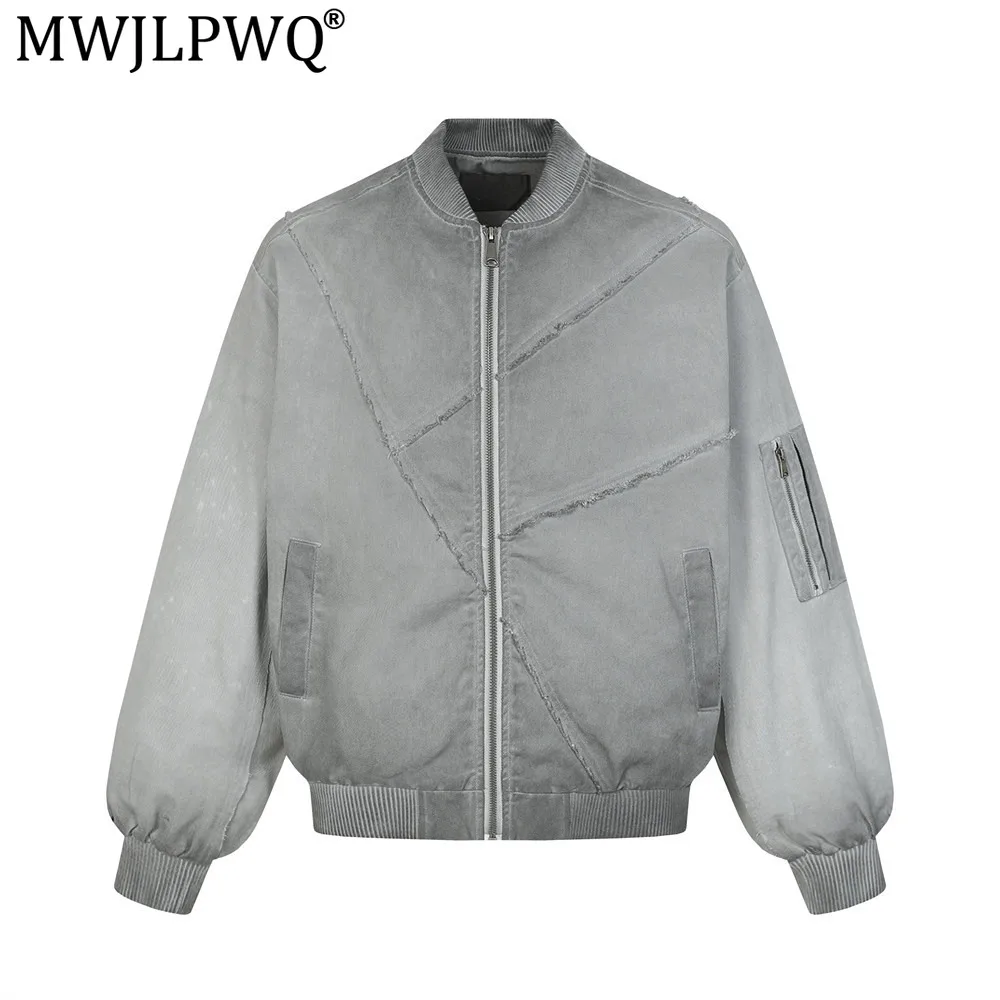 MWJLPWQ Street Style Tie-Dye Distressed Canvas Work Jacket For Men Irregular Deconstructed Raw Edge Design Baseball Tops 20850
