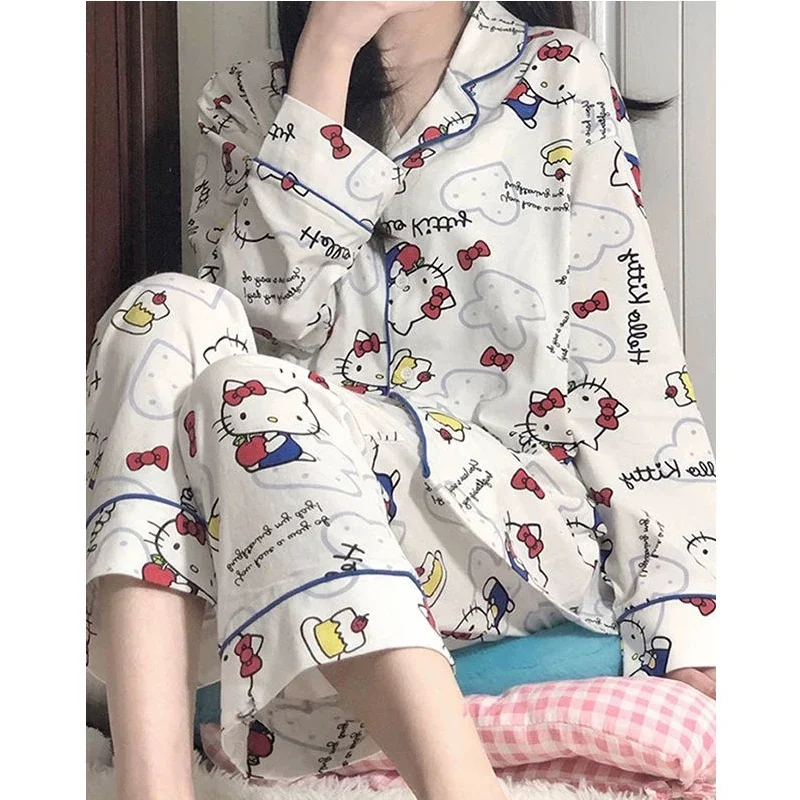 Hello Kitty Anime Kawaii Sanrio Ins Y2k Cotton Long Sleeve Pajamas Spring Cute KT Cat Print Home Shirt Pants Suit Gifts Toys