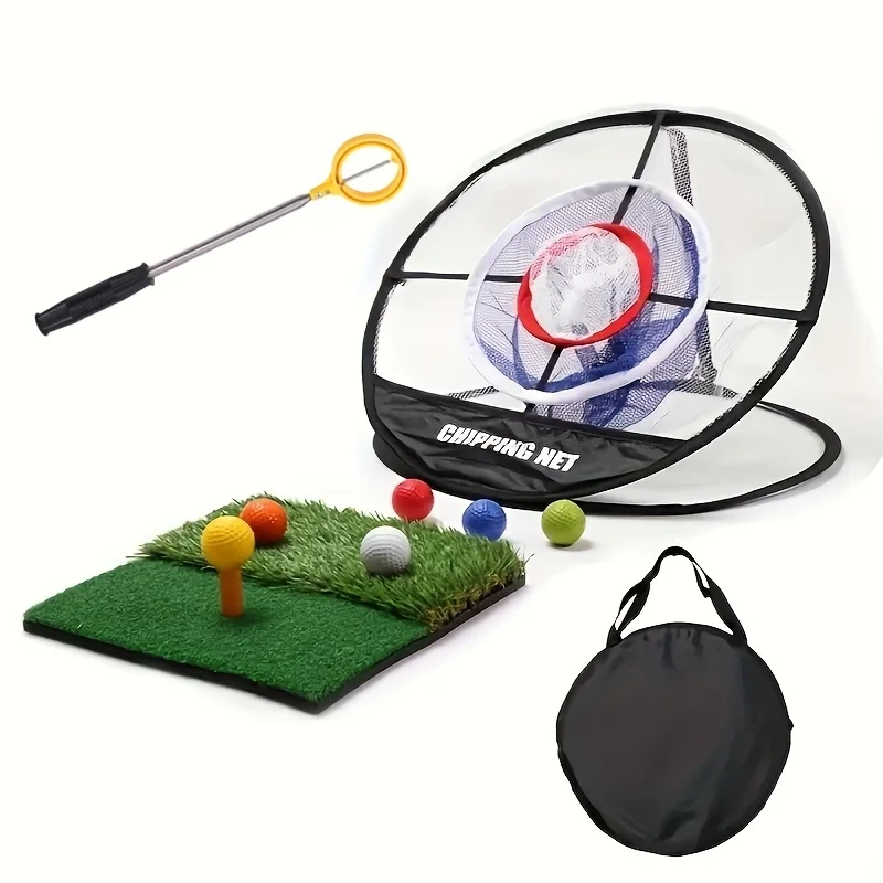 

1 set of golf train accessories including a 3-tier practice hitting net 6 colored balls turf mat and golf ball retriever by Ahai