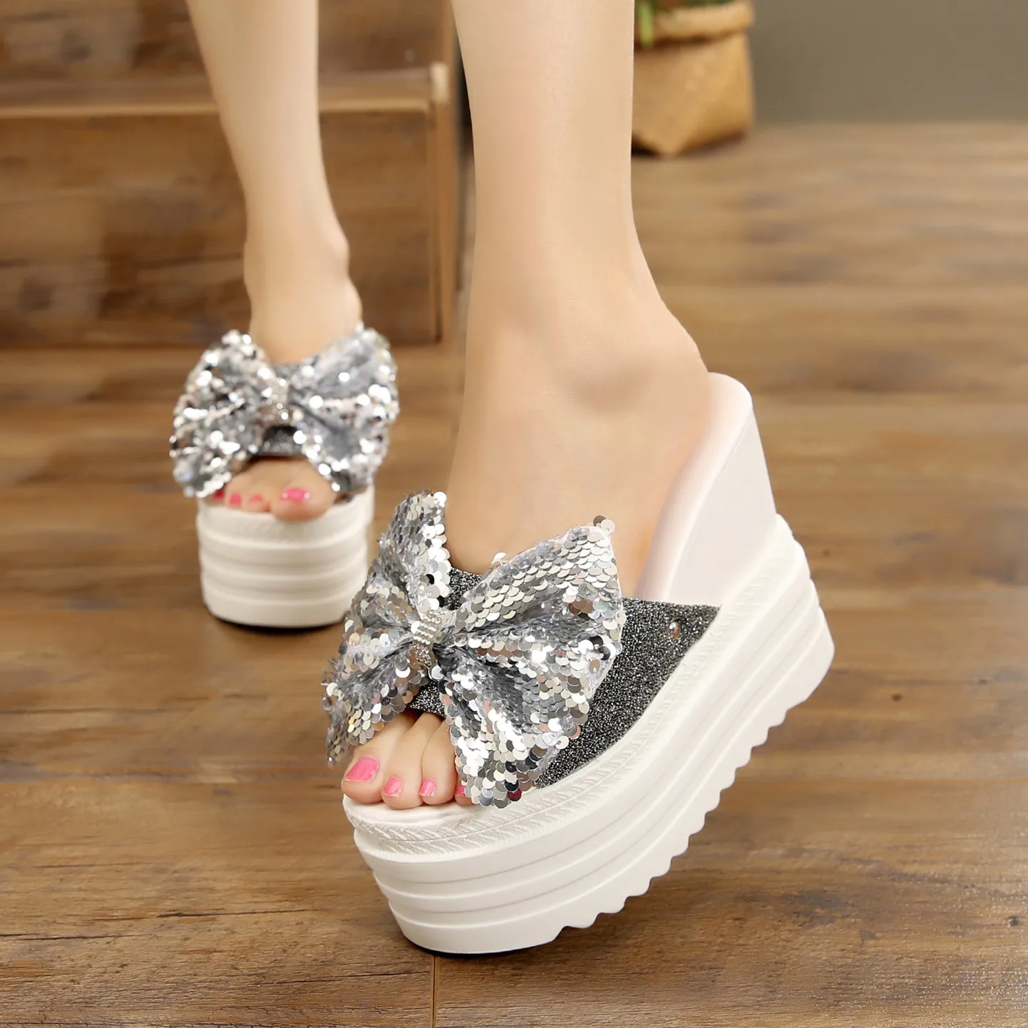 Butterfly-Knot Shoes Slippers Casual Slipers Women Platform Heeled Mules Slides On A Wedge Luxury Summer 2024 High Cotton Fabric