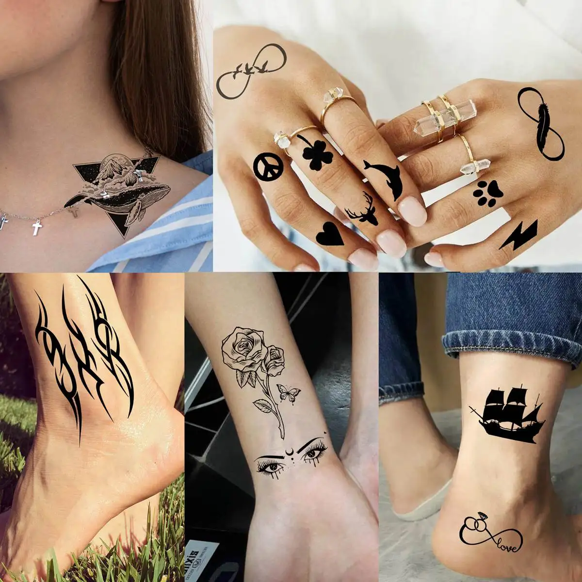 52 Sheets DIY Tiny Temporary Tattoos Sticker For Adults Finger Fake Crown Infinity Tattoo Black Stars Letters Star Tatoos Paste