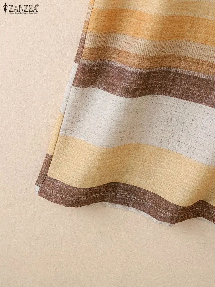 فستان تي شيرت مخطط بألوان متباينة فستان نسائي صيفي 2025 أنيق برقبة على شكل حرف v وأكمام قصيرة فساتين فضفاضة غير رسمية بطول الركبة ملابس يومية #5