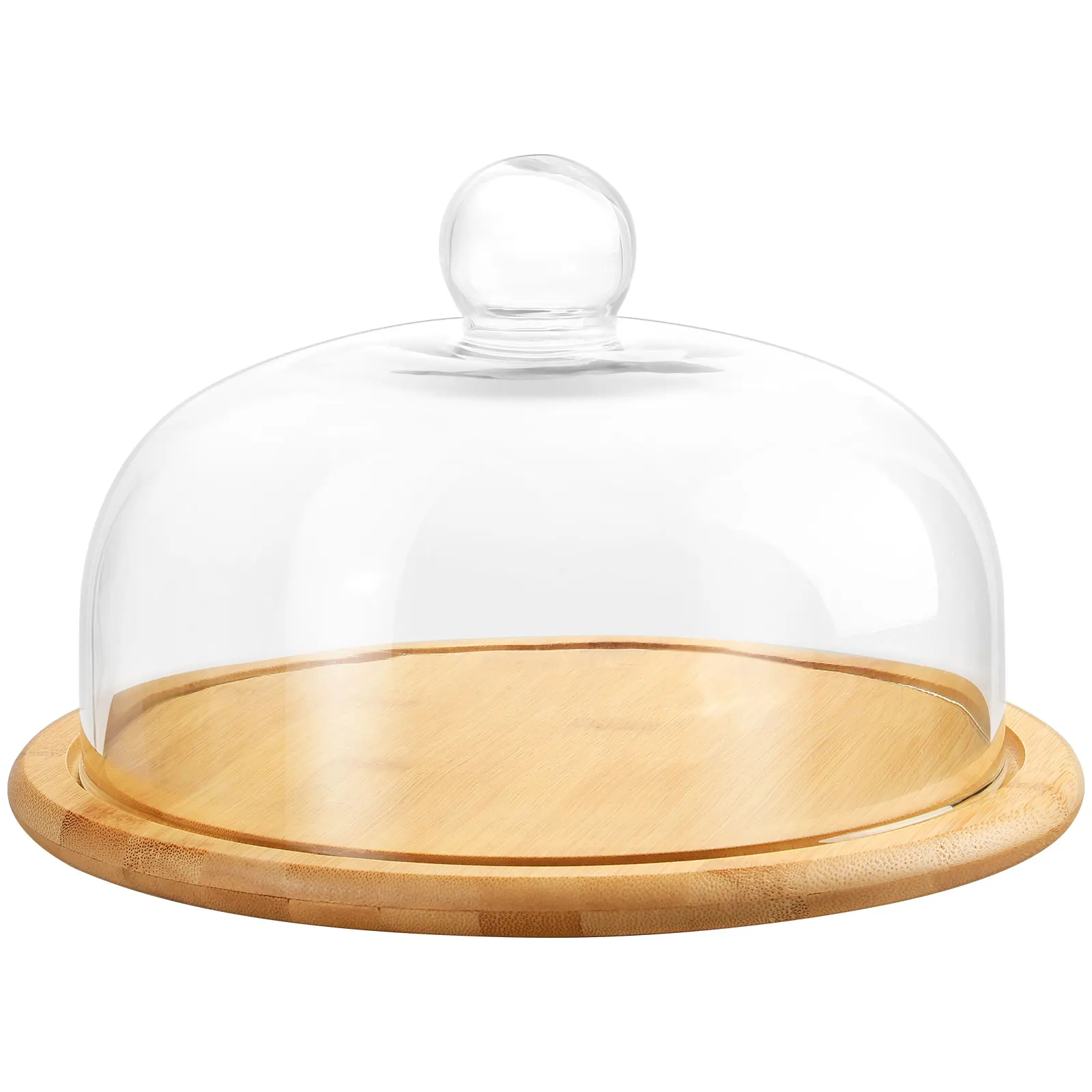 

Cake Plate Server Dessert Platter Glass Dome Cover Premium Wood Tray Clear Display Stand for Parties Weddings Home