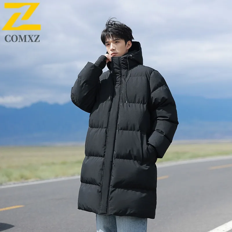 COMXZ Padded Jacket Mid-Length Korean Fashion Working Lightweight Parka Loose Hooded Thickened Warm Autumn Winter Trench Coat