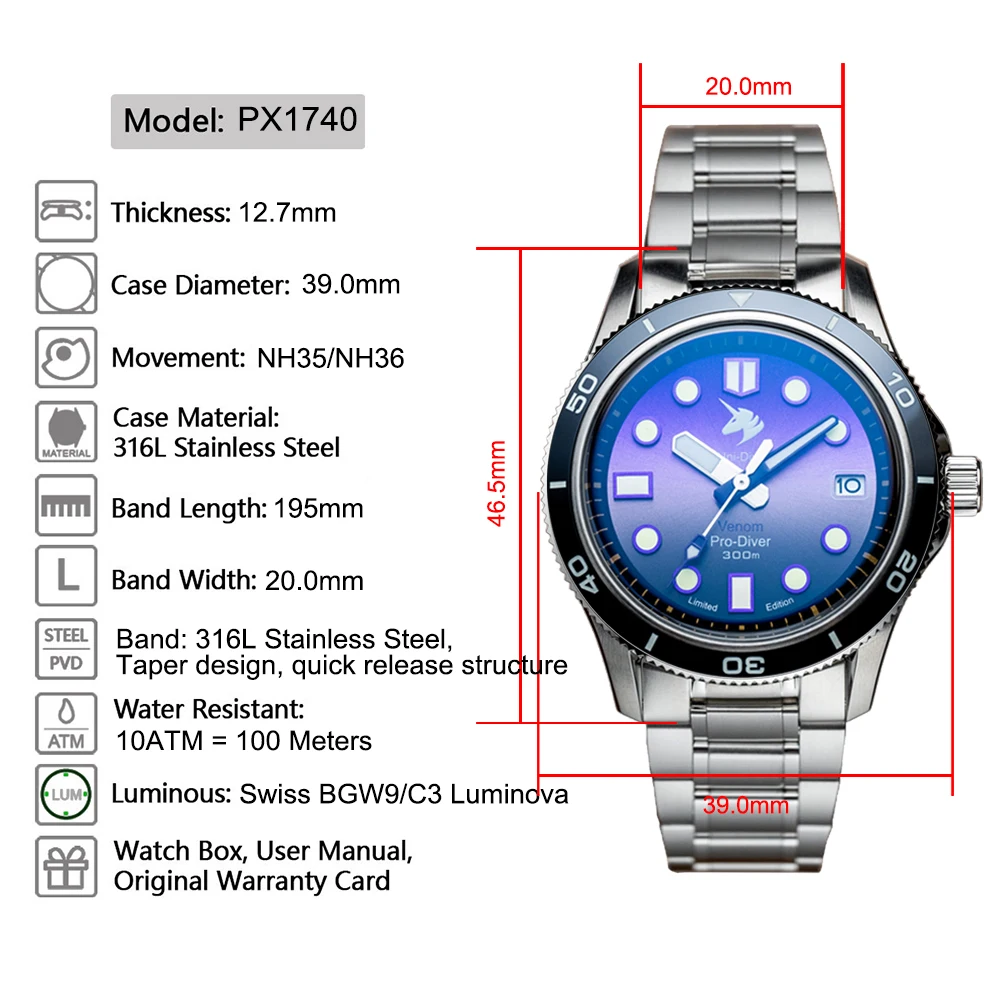 Proxima PX1740 39mm Men Mechanical Watches C3 BGW9 Sunburst Dial Sapphire Glass Automatic Watch Ceramic Bezel 10Bar Luminous