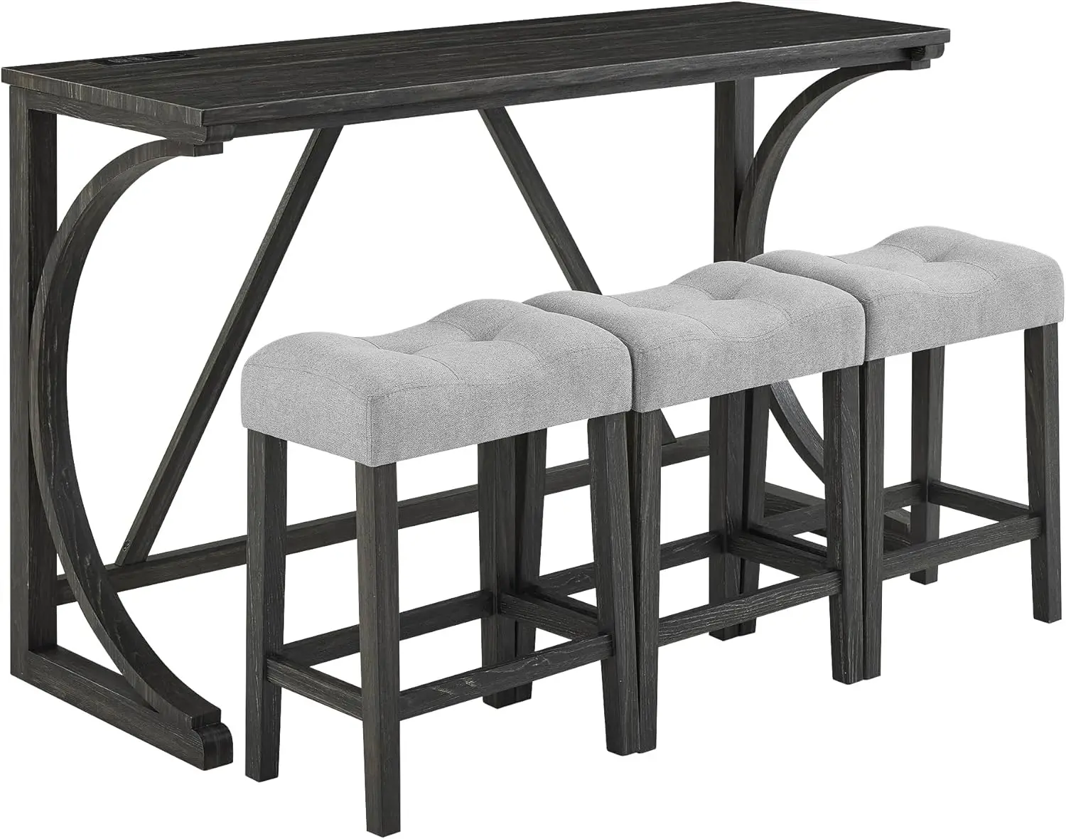 Conjunto de mesa de jantar e cadeiras com tomada elétrica, mesa de café industrial, 3 fezes acolchoadas, 4 PCs