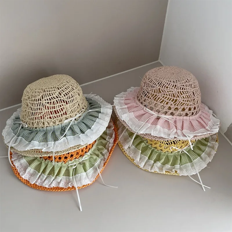 Pastoral Kids Sun Hat Kids Straw lace Hat Baby Summer Wide Brim Princess Sun Visor Hat Cute Lace Bow Sun Cap for Outdoor Travel