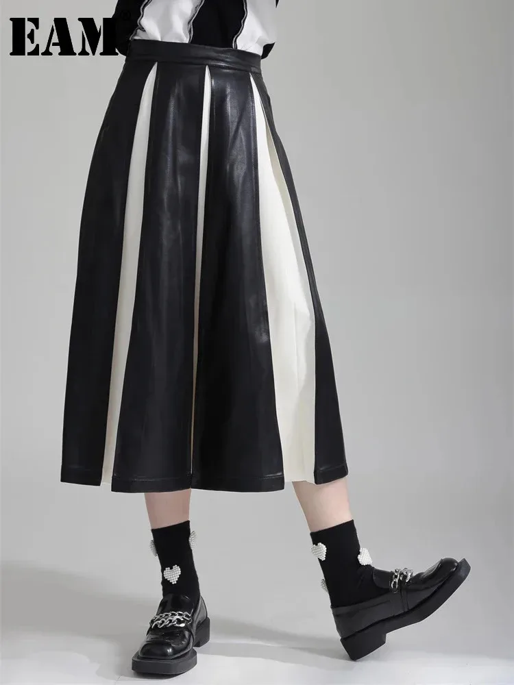 [EAM] High Waist Black Pu Leather Color-block Midi Casual Half-body Skirt Women Fashion Tide New Spring Autumn 2024 1DH2787