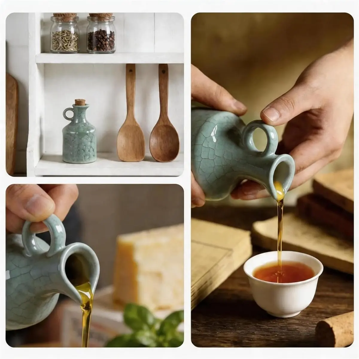 Green Ceramic Olive Oil Dispenser Bottle with Cork Stopper 13.5Oz Reactive Glaze Texture Oil Bottle, Leak Proof Spout