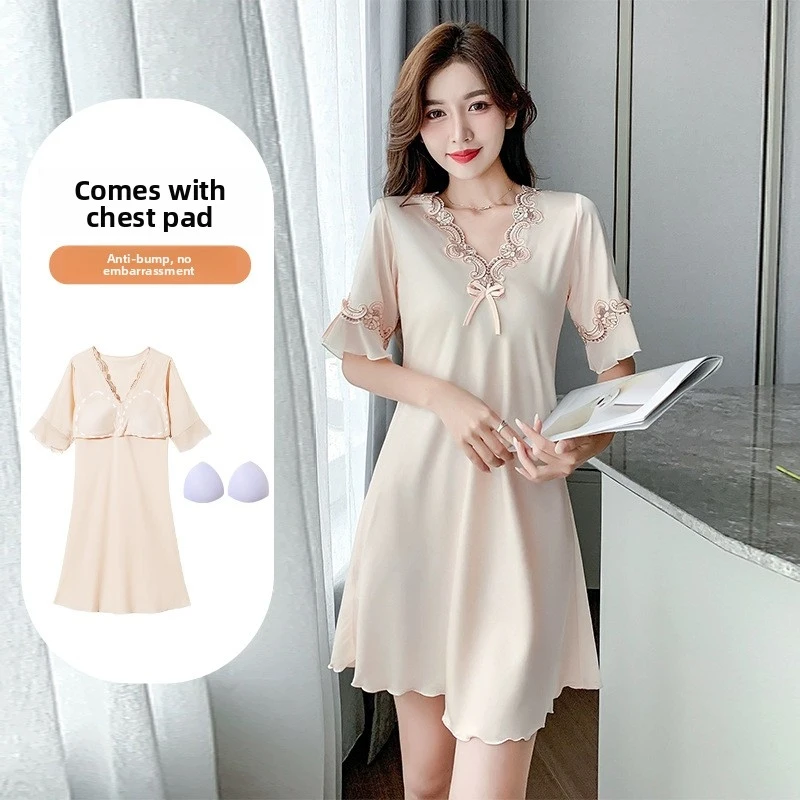 

Women'S Summer Nightgown -In Chest And Ice StrapsBraOne-Piece Silk Pajamas With Built-In Breast Pads Lace