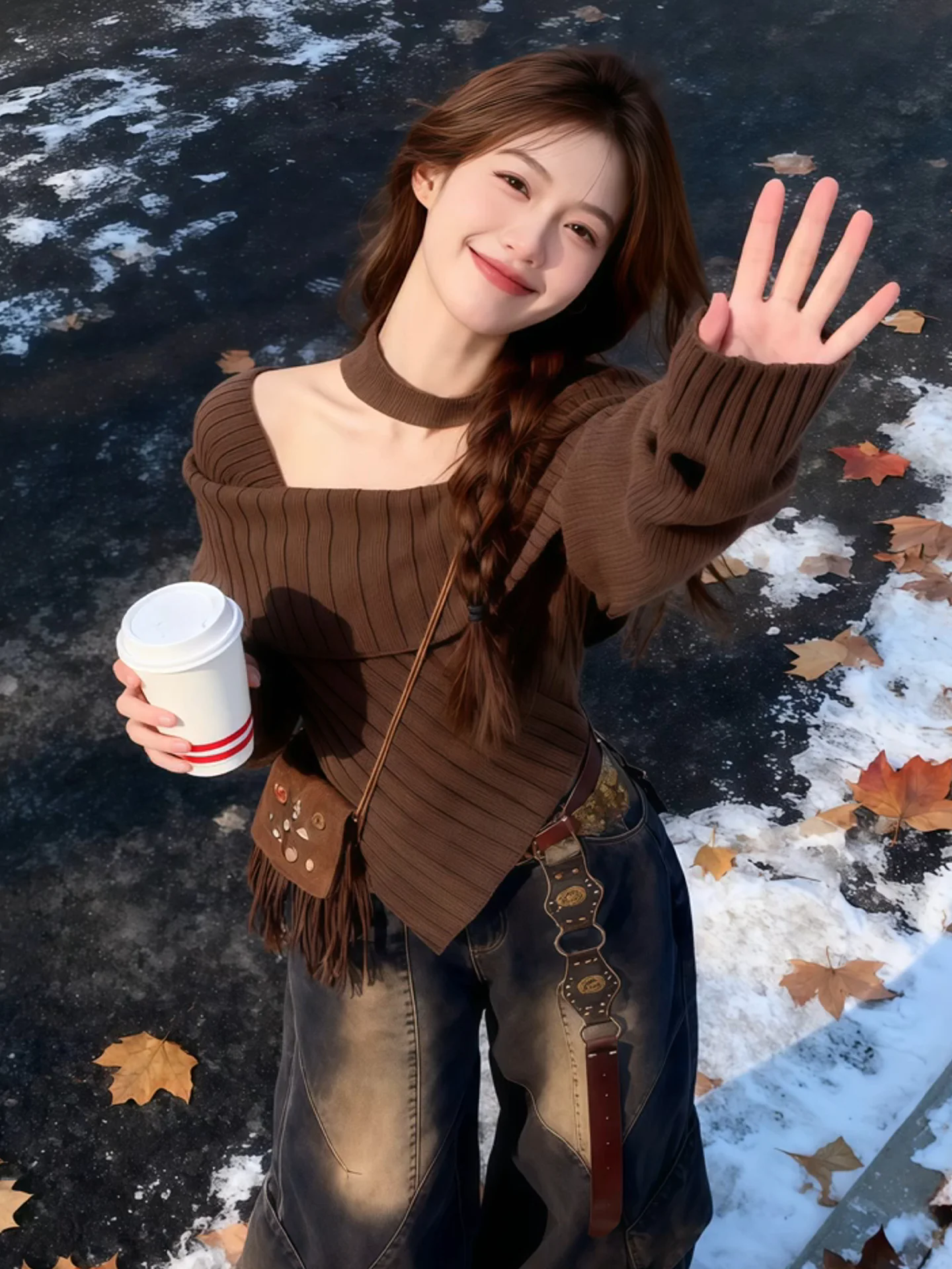 

ចូល коричневый свитер на одно плечо, женский шикарный уникальный неровный дизайн, зимний корейский шерстяной вязаный топ с длинным светом