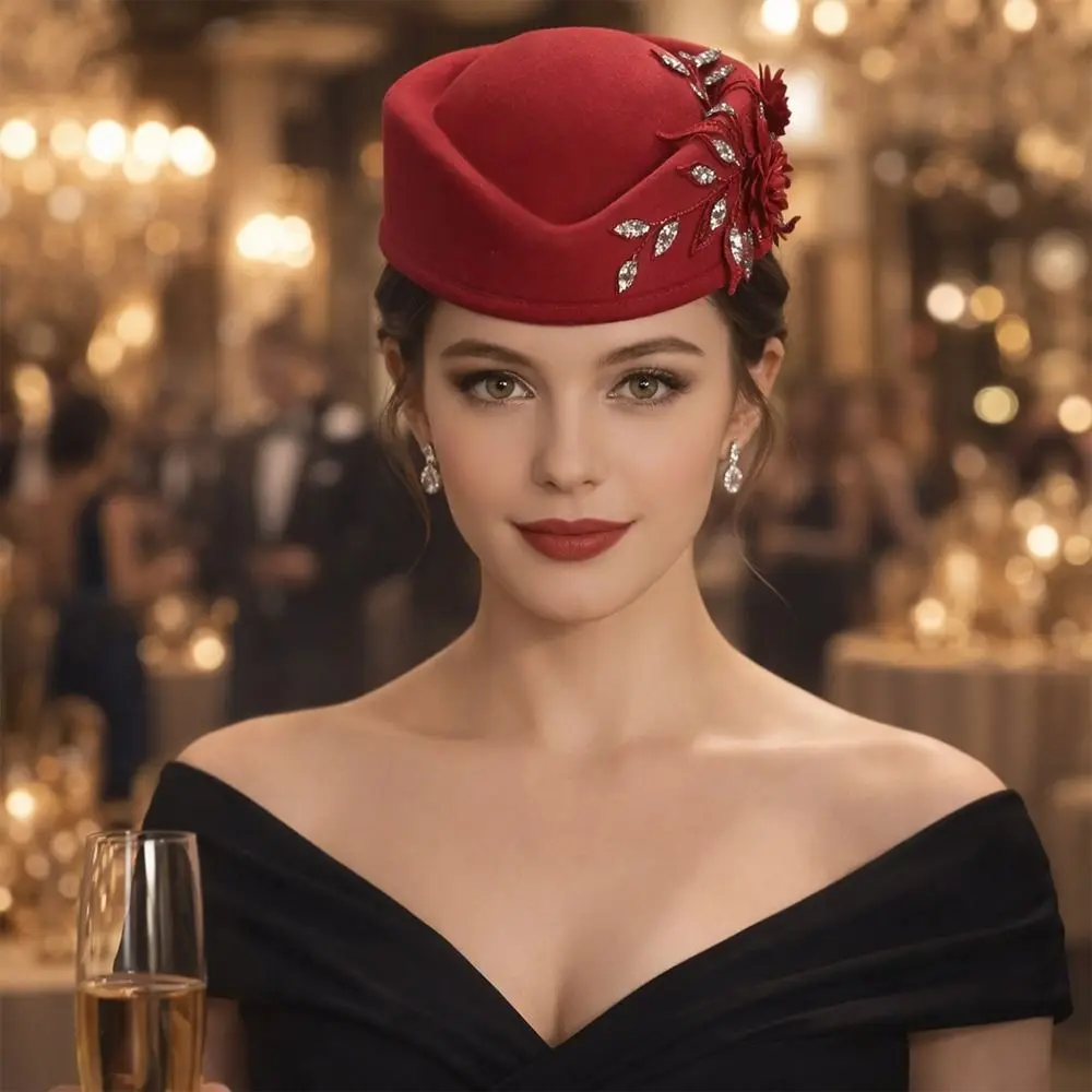

Versatile British Retro Top Hats Formal Diamond Flower Applique Stewardess Hat Concave Top Solid Pillbox Cap for Party
