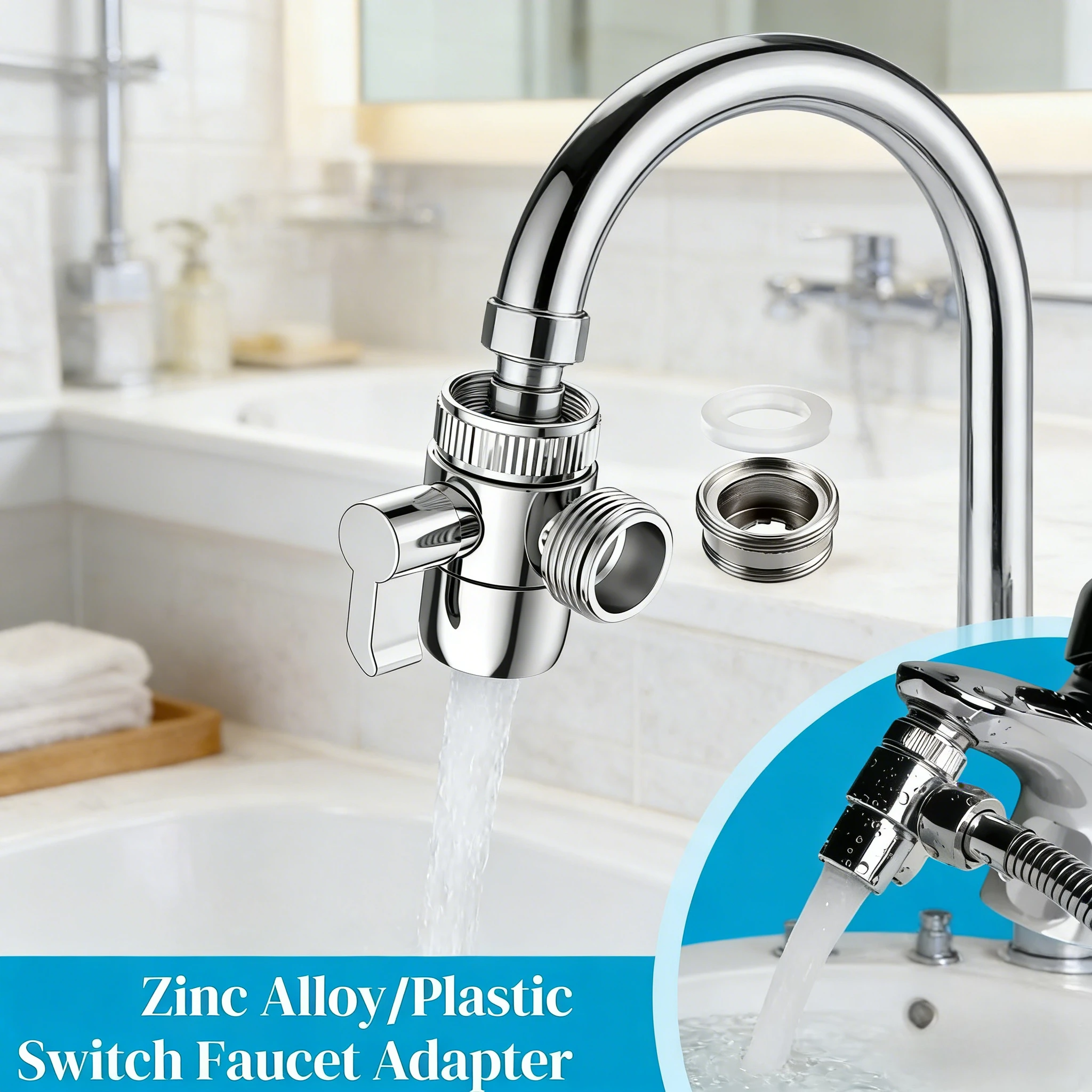 محول مفتاح الصنبور، صمام تحويل بلاستيكي من سبائك الزنك، موصل حوض المطبخ/الدش، تجهيزات الحمام