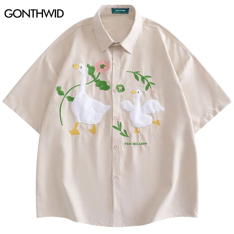 Harajuku Men Shirts Funny Embroidery Flower White Duck Goose Patch Short Sleeve Blouse Summer Loose Button Up Shirt Streetwear