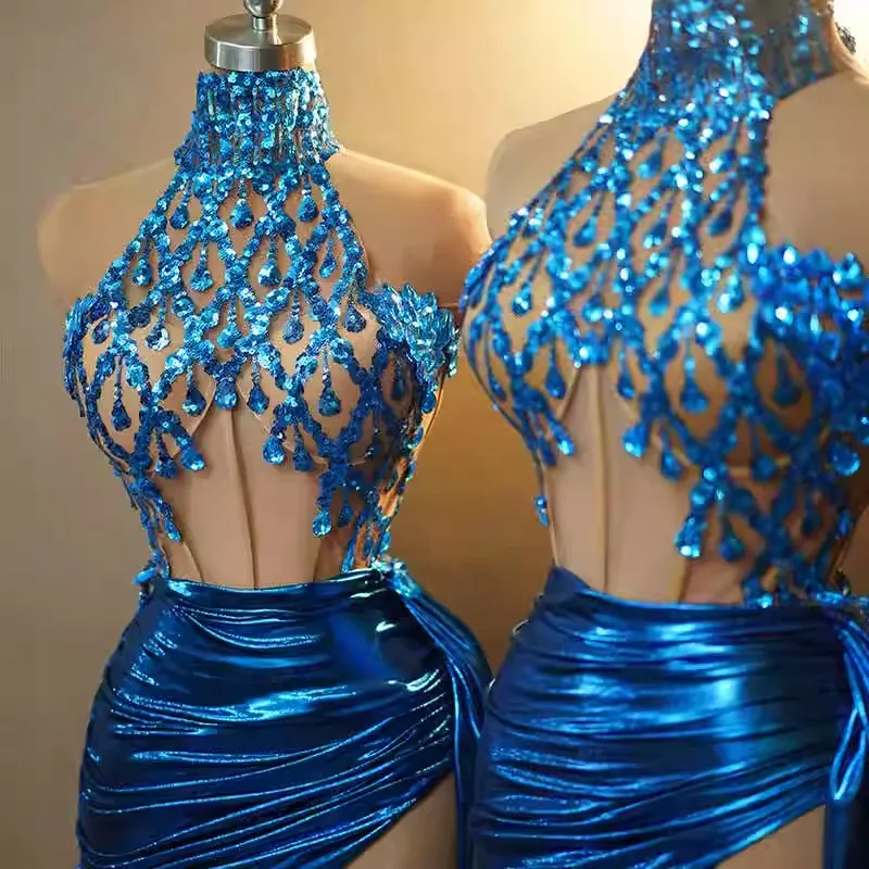 Llamativo Vestido corto azul real brillante para mujer, vestido de cantante Sexy transparente, disfraces de actuación, vestido Maxi femenino