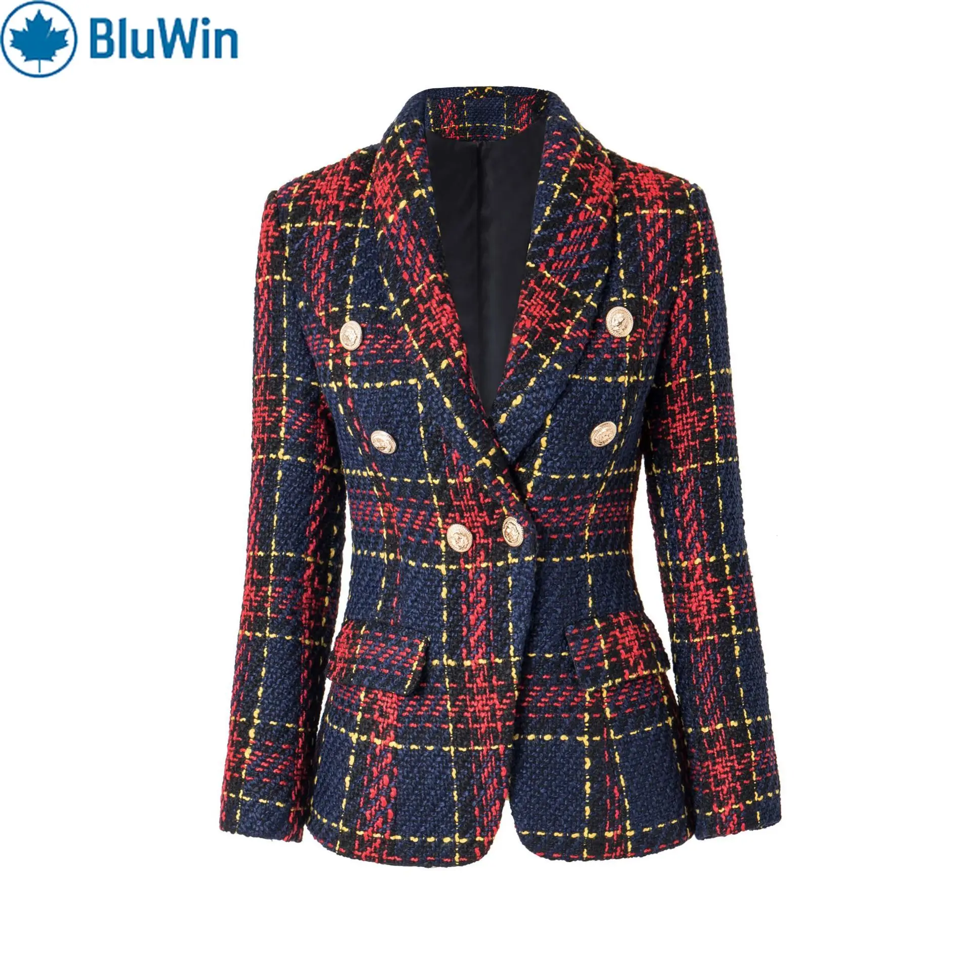 

BluWin Tweed Plaid Blazer Women Double Breasted Notched Lapel Gold Button Tailored Fit Elegant