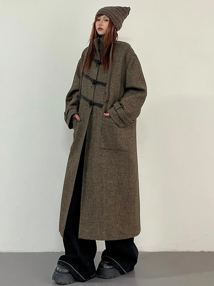 YERMORA Coffee Buckle Vintage Woolen Coat For Women Lapel Long Sleeve Loose New Overcoat Fashion Tide Autumn Winter 2025