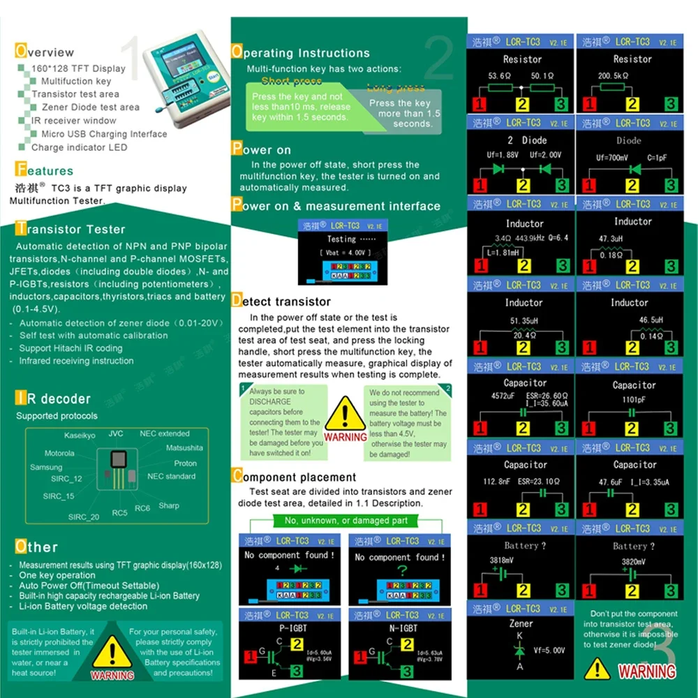 CR-TC3 Transistor Tester TFT Diode Triode Capacitance Inductors Resistors Tester High Precision Multifunction LCR ESR Multimeter