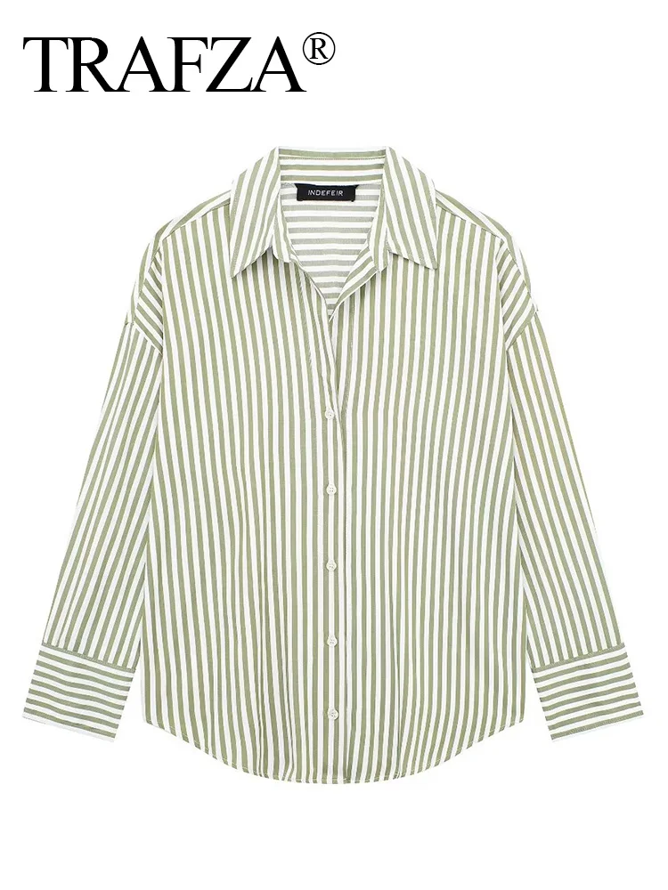 

TRAFZA Women Summer Fashion Blouses Green Stripe Turn-Down Collar Long Sleeves Single Breasted Female Streetwear Shirts TRAF