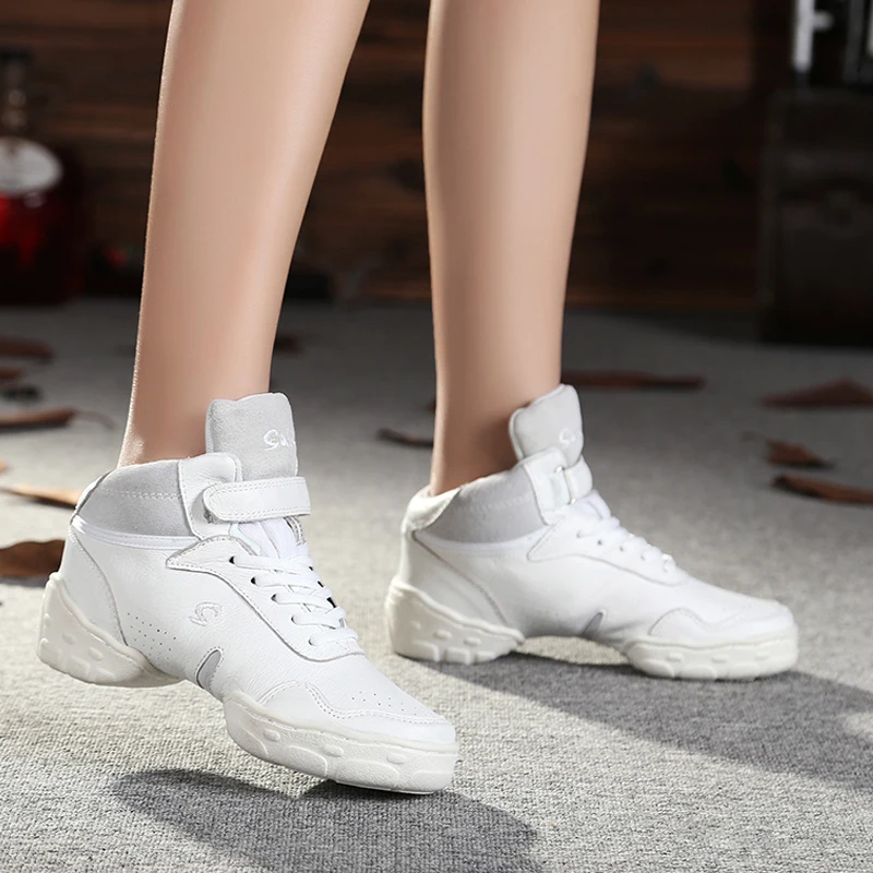 Adult fitness Men\'s Women\'s Leather Modern Dance Shoes Jazz Shoes Rubber Soled Indoor and Outdoor High Boots Oversized gym