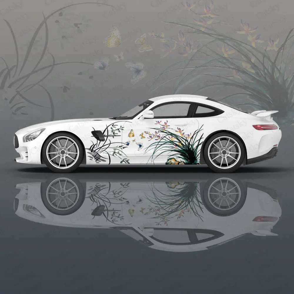 Ink Painting Orchid Design Car Body Stickers Itasha Vinyl Car Side Decal Sticker Car Body Sticker Car Decor Stickers