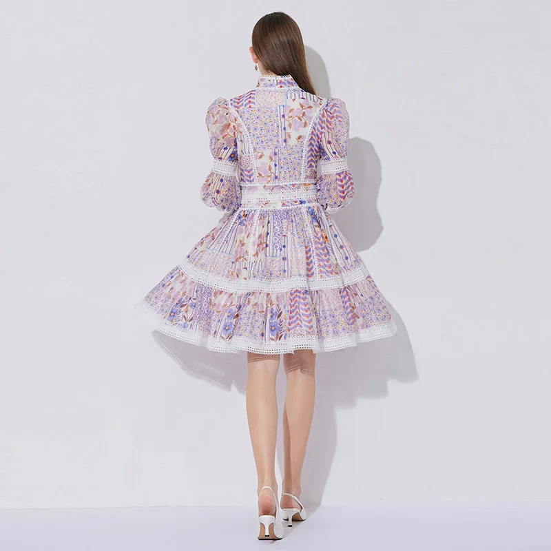 Robe française élégante en dentelle pour femmes, en mousseline de soie, épissure imprimée, taille lanternes, manches lanternes, Style dame, col haut, 2025