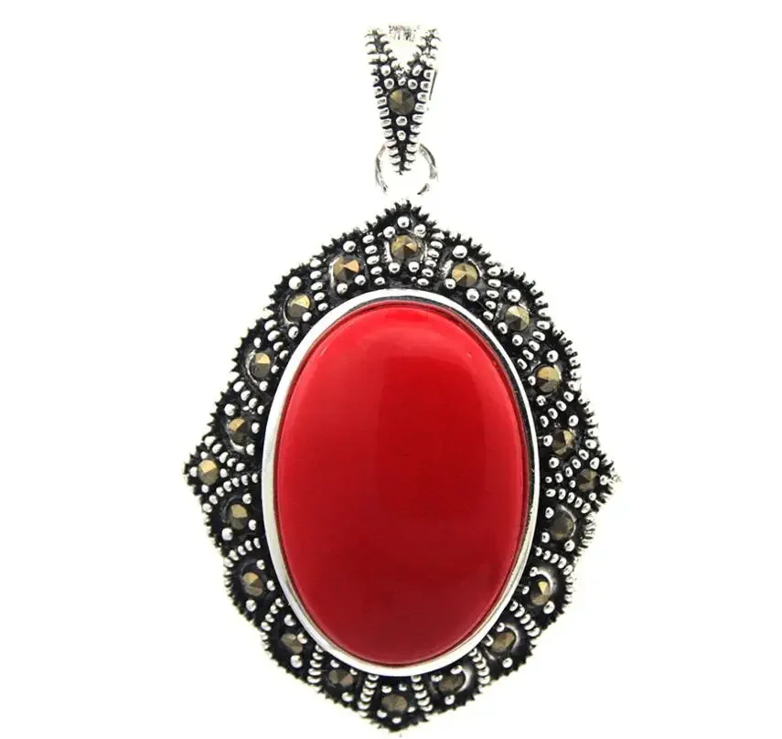 VINTAGE 925 STERLING SILVER RED CORAL MARCASITE PENDANT 27x43MM