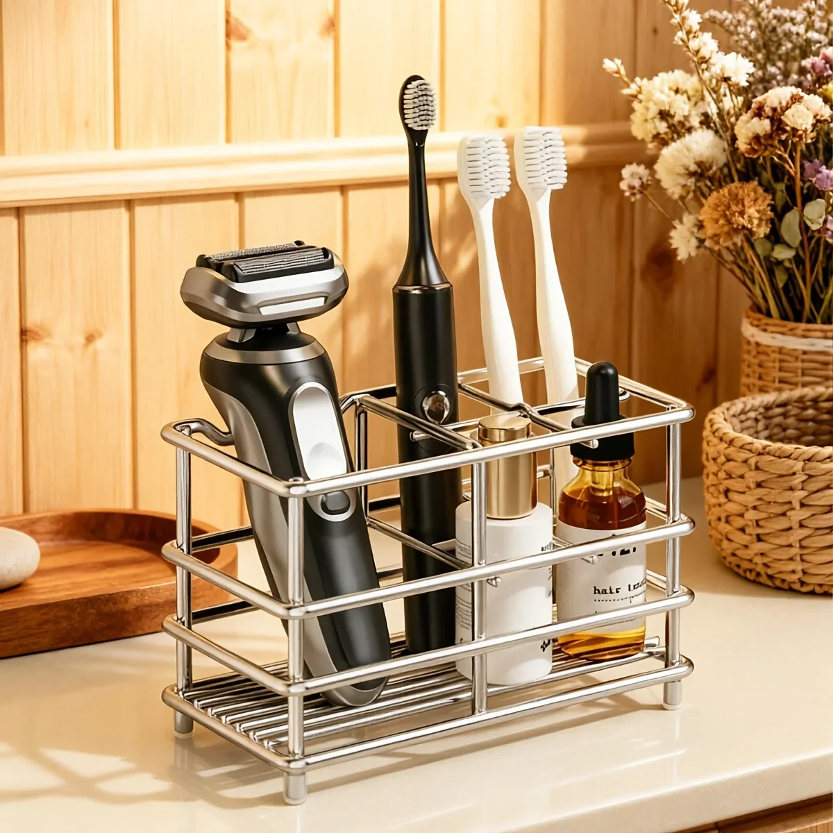 Stainless Steel Bathroom Countertop Organizer, Multi-Purpose Toothbrush Holder with Drainage Base,Ideal for Storing Toothbrushes