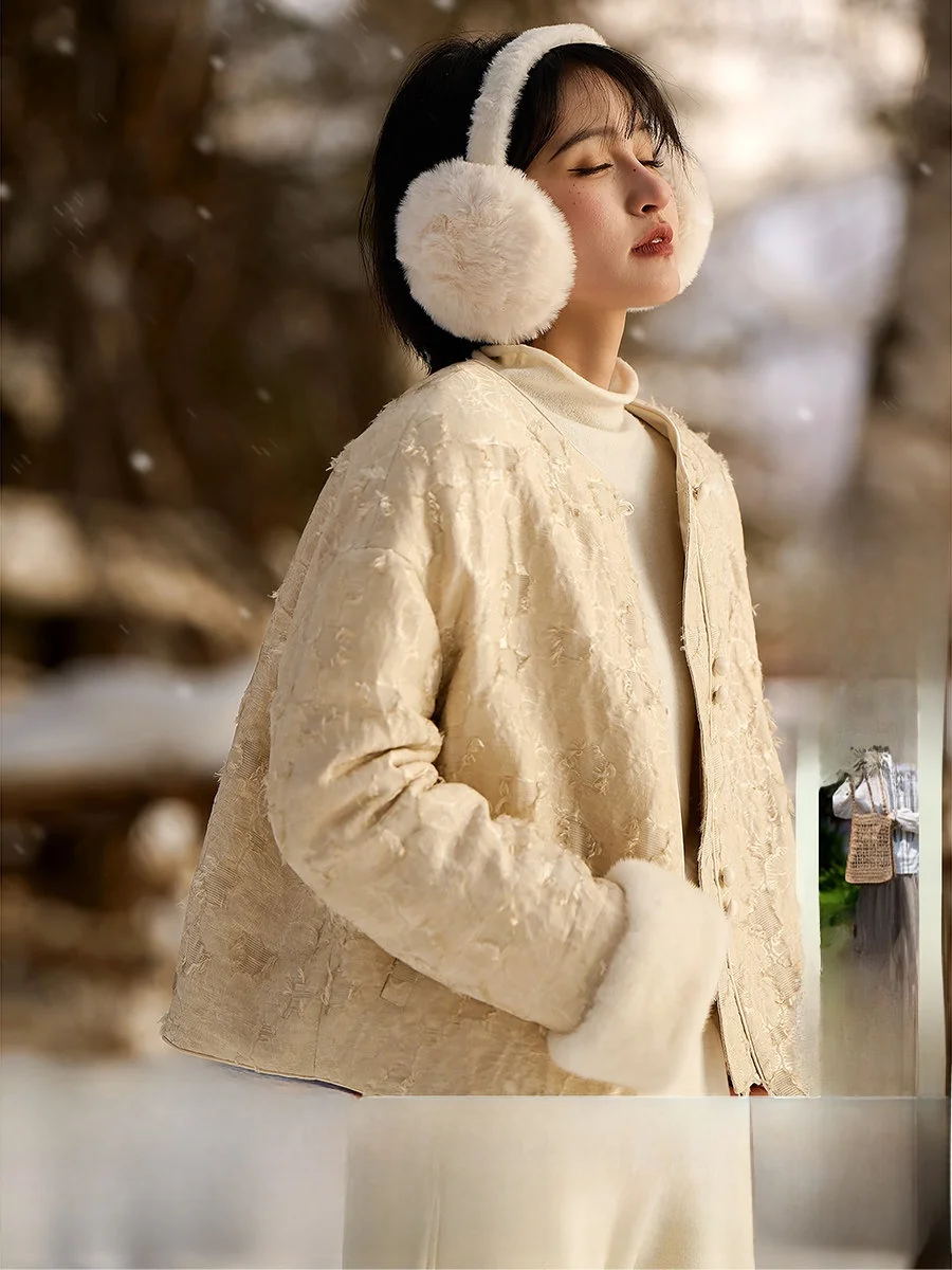 

New Chinese Sle Women's Cotton Jaet Wool Filling X Water Sve Xiehua Cotton Clothes round Ne Single Button