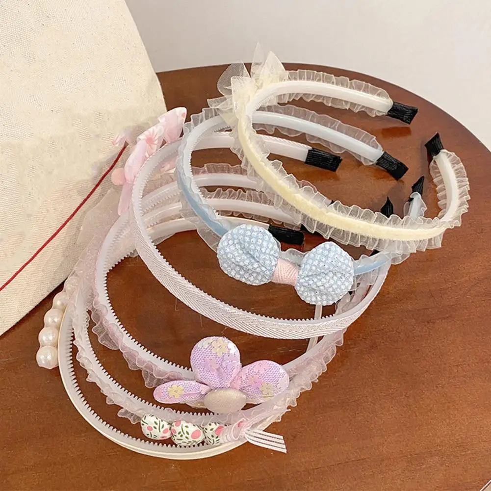 Lace Trim Heart Decor Shiny Elastic Girls Headband Kids Imitation Pearls Bowknot Decor Hair Hoop Hair Accessories