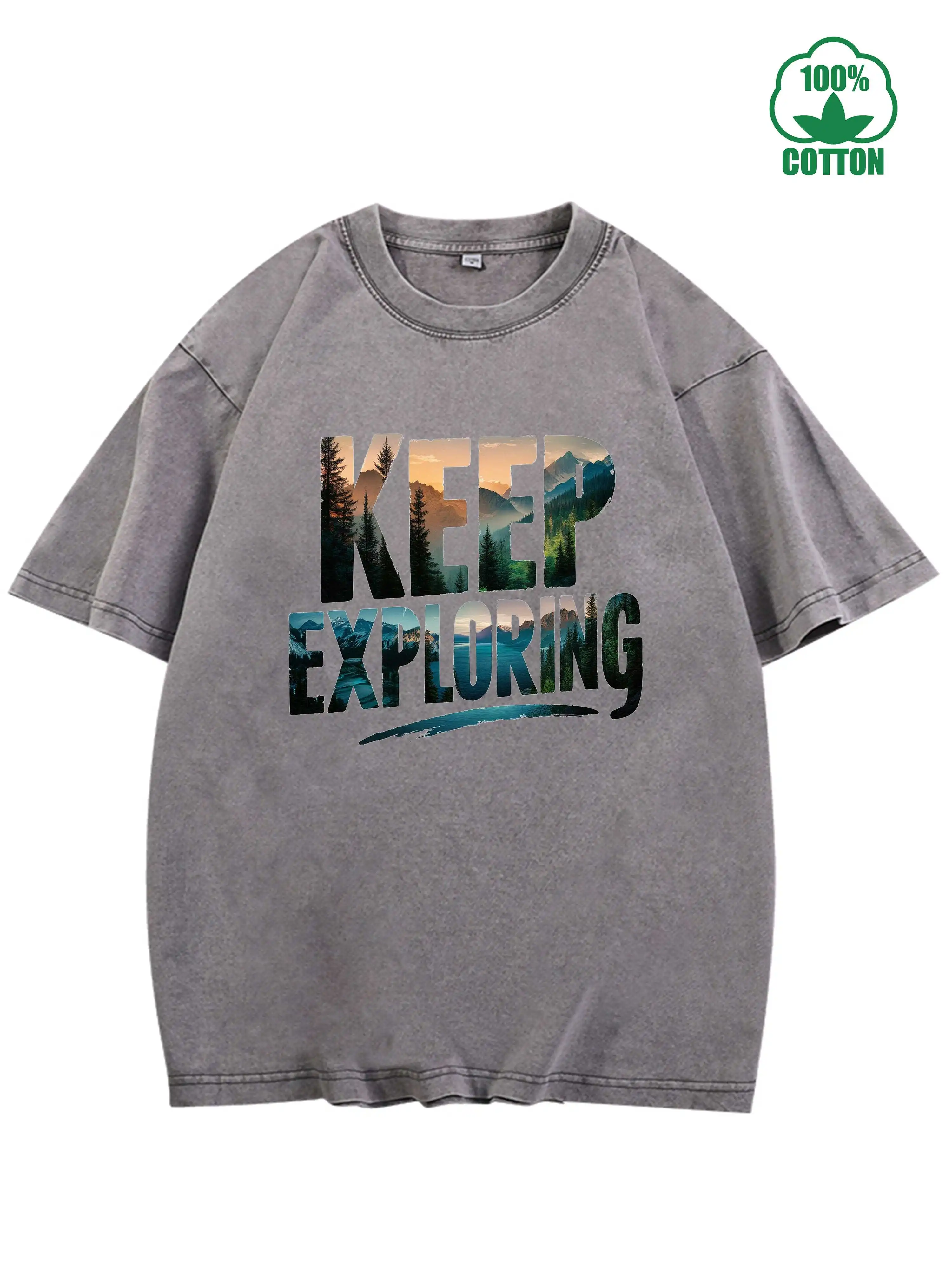 تي شيرت Freedom Keep Exploring 100% قطن عتيق مغسول 230 جرام ملابس شارع مريحة كبيرة الحجم