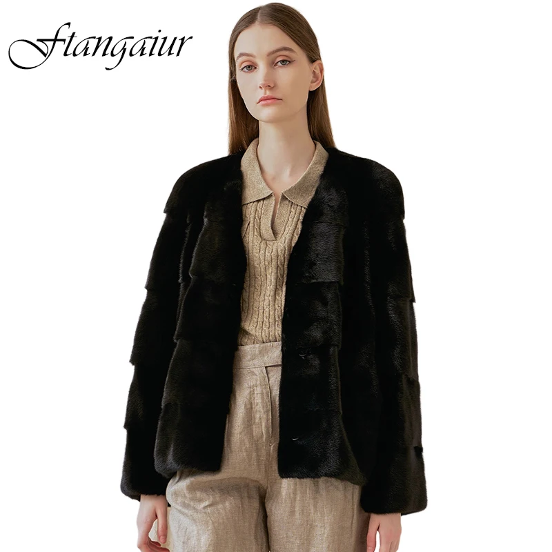 

Ftangaiur Winter Import Swan Velvet Mink Coats Minimalist V-Neck Full Seven Solid Women Short Natural Real Mink Fur Coat