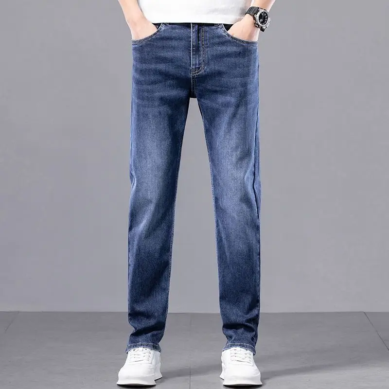 New 2026 Man Fashion Solid Color Jeans Summer Thin Business Cowboy Slim Straight Casual Long Pants Men's Clothing Trousers