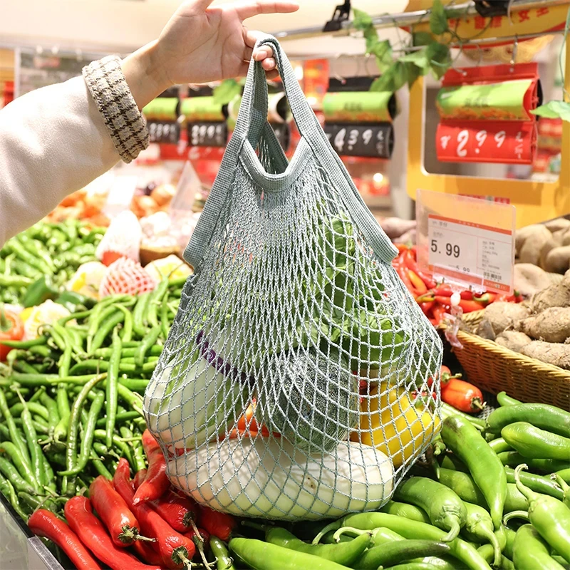 Portable Reusable Grocery Bags Cotton Mesh Bag Foldable Fruit and Vegetable Storage Bag Short/Long Handle Net Shopping Bags