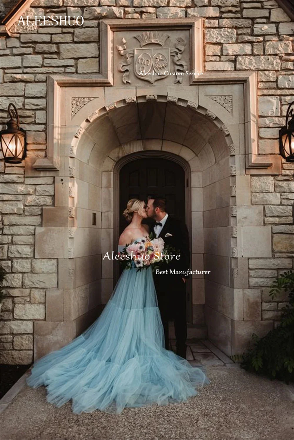 Aleeshuo Mist Blue Tulle Prom Dress A-line Elegant Off Shoulder فساتين السهرة Sleeveless Plus Size vestido de festa noite